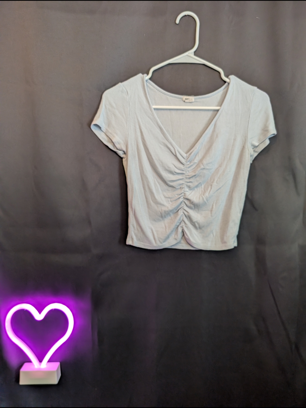 Garage Light Blue Ruched V-Neck Crop Tee Basic T-shirt Low Neck Casual